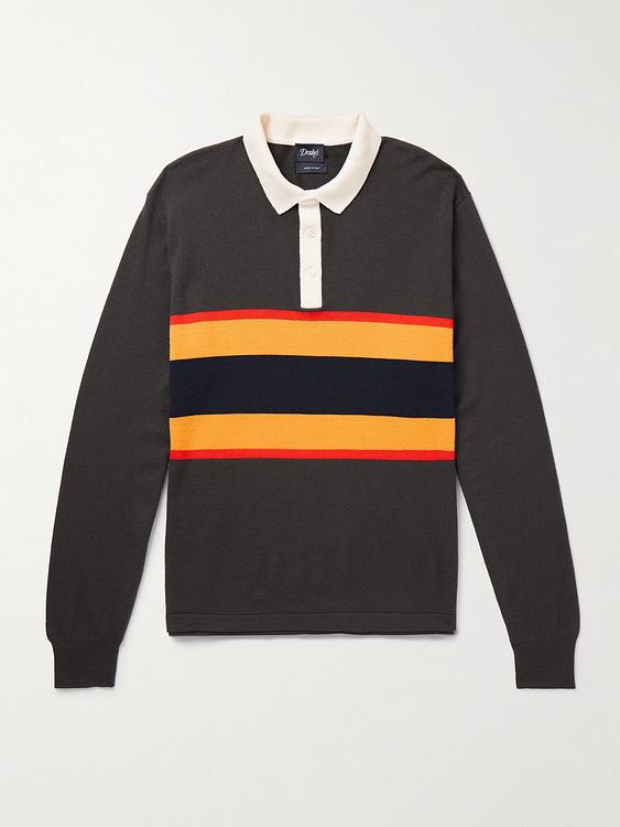 Striped dark grey long sleeve polo shirt from Drake's