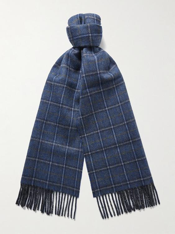 Checkered dark blue scarve from Johnstons of Elgin