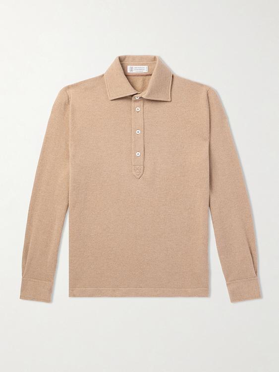 Taupe long sleeve polo shirt from Brunello Cucinelli