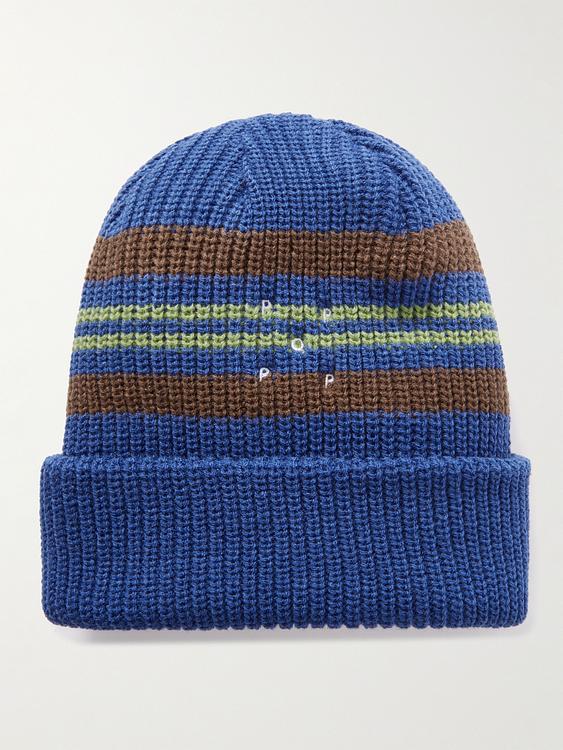 Striped dark blue beanie from Pop Trading Company