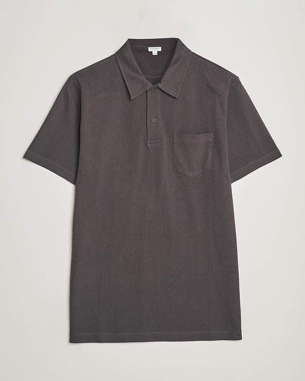 Dark brown short sleeve polo shirt from Sunspel