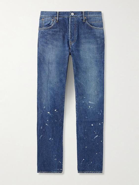 Dark blue distressed jeans from Visvim