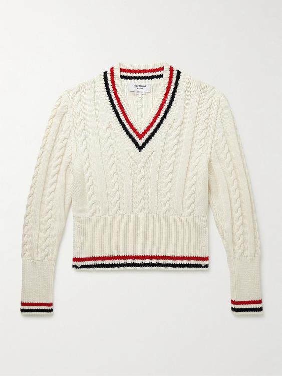 Striped white cashmere sweater from Thom Browne