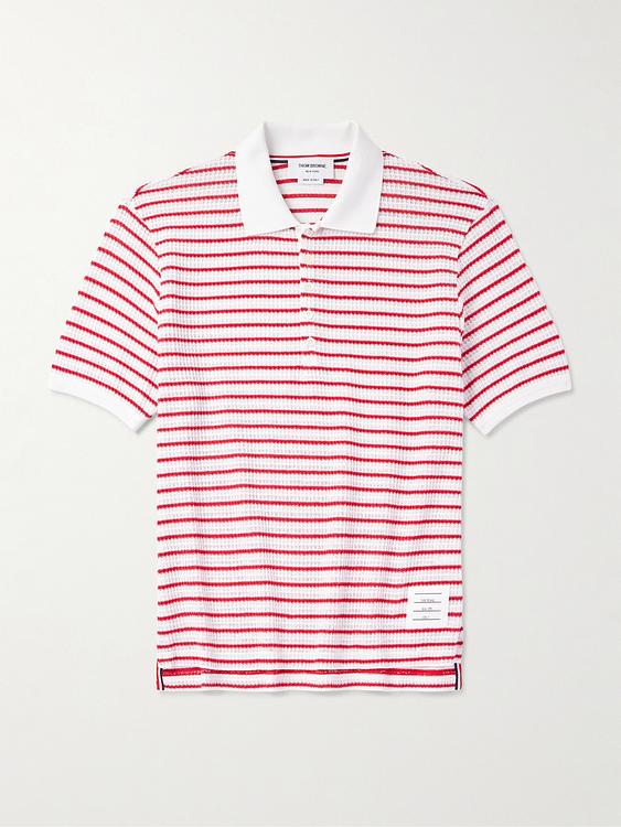 Striped white short sleeve polo shirt from Thom Browne