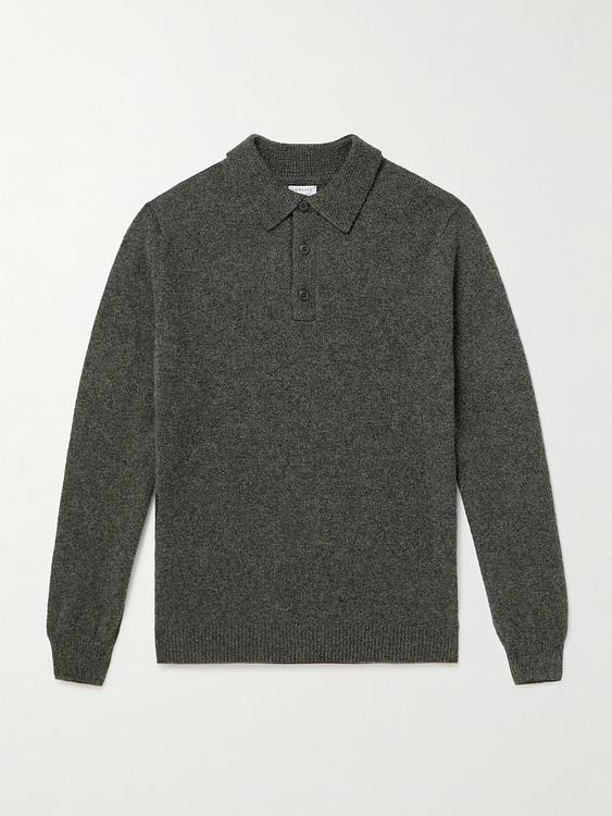 Dark grey long sleeve polo shirt from Sunspel