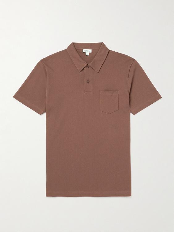 Taupe short sleeve polo shirt from Sunspel