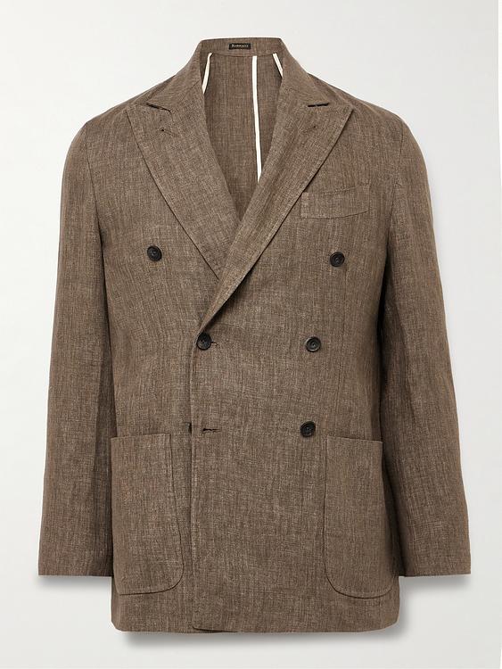 Taupe double-breasted suit jacket from Rubinacci