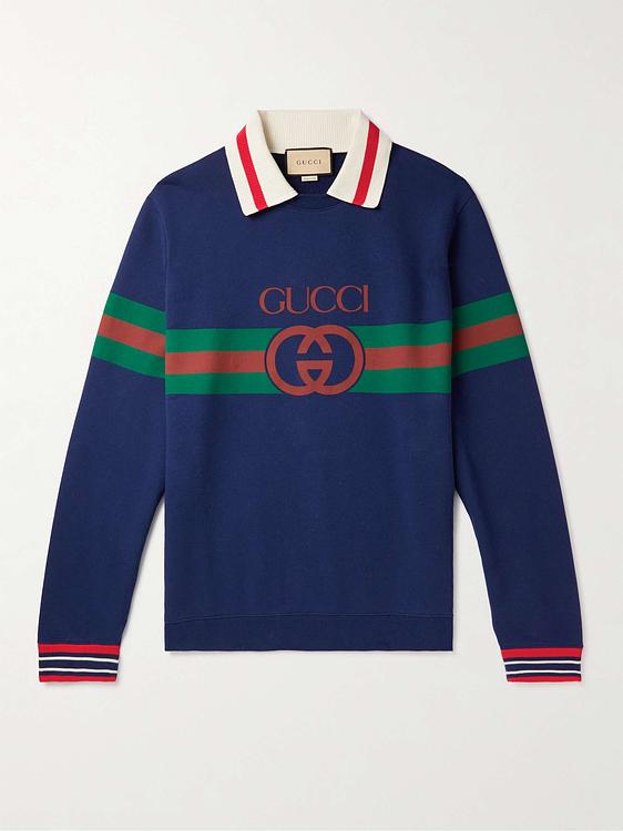 Print dark blue long sleeve polo shirt from Gucci