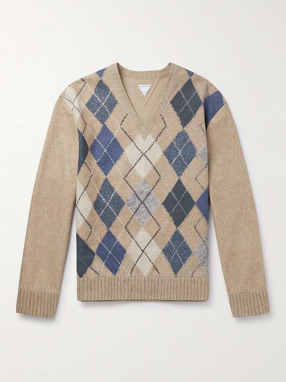 Checkered taupe v-neck sweater from Bottega Veneta