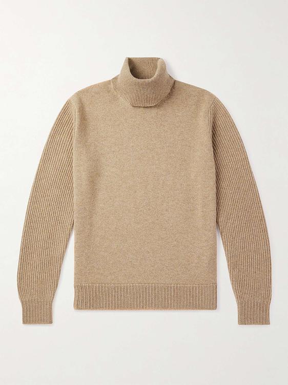Taupe turtleneck from Loro Piana