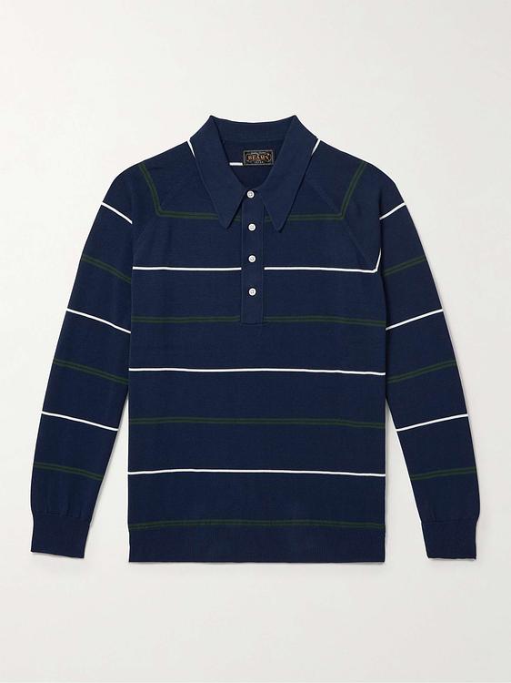 Striped dark blue long sleeve polo shirt from Beams Plus