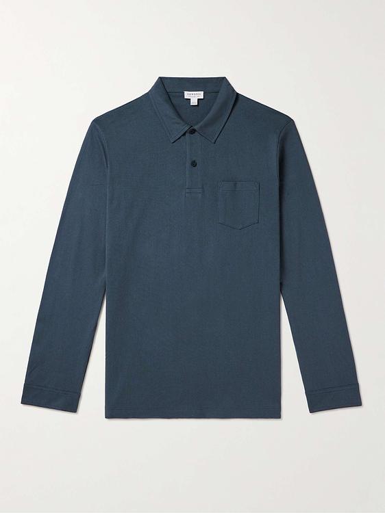 Dark blue long sleeve polo shirt from Sunspel