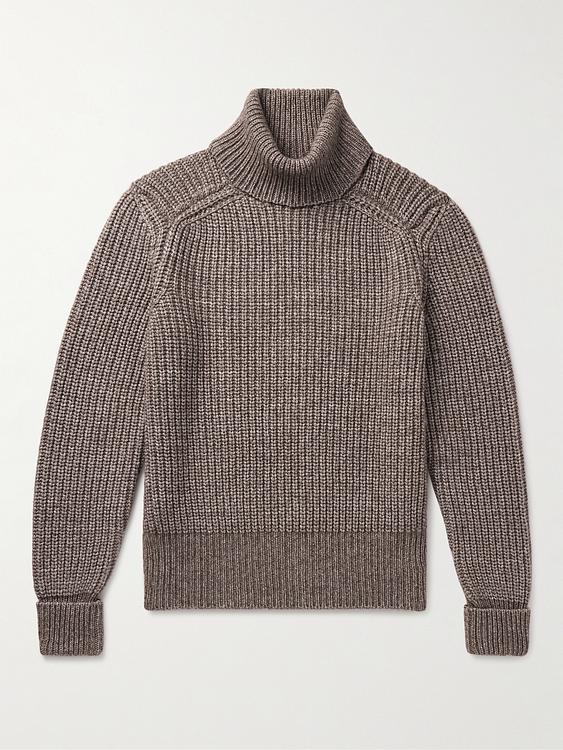 Taupe turtleneck from Loro Piana