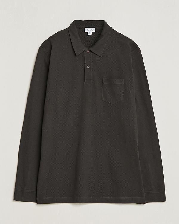Dark grey long sleeve polo shirt from Sunspel