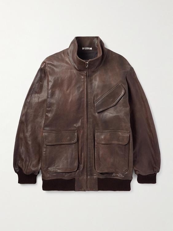 Dark brown leather jacket from Auralee