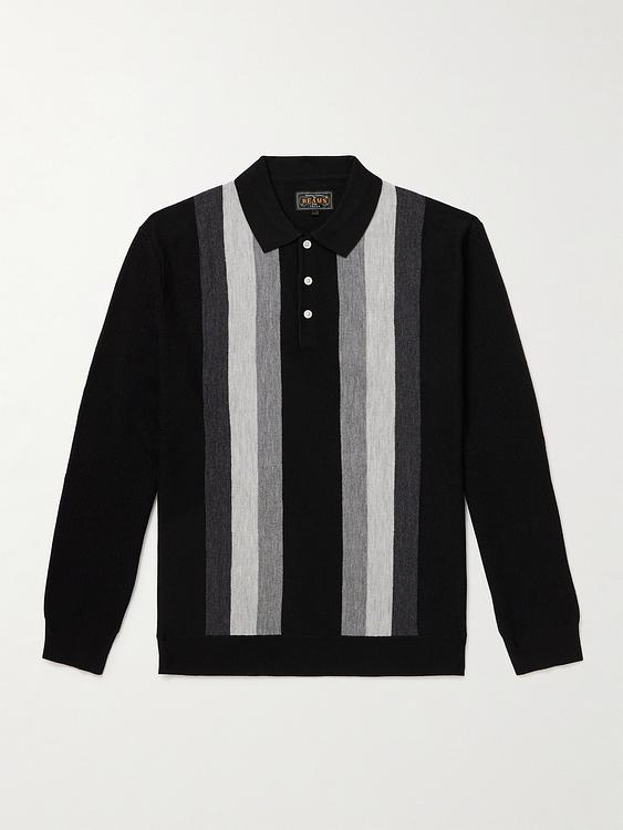 Striped black long sleeve polo shirt from Beams Plus