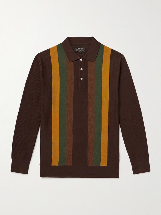 Striped dark brown long sleeve polo shirt from Beams Plus