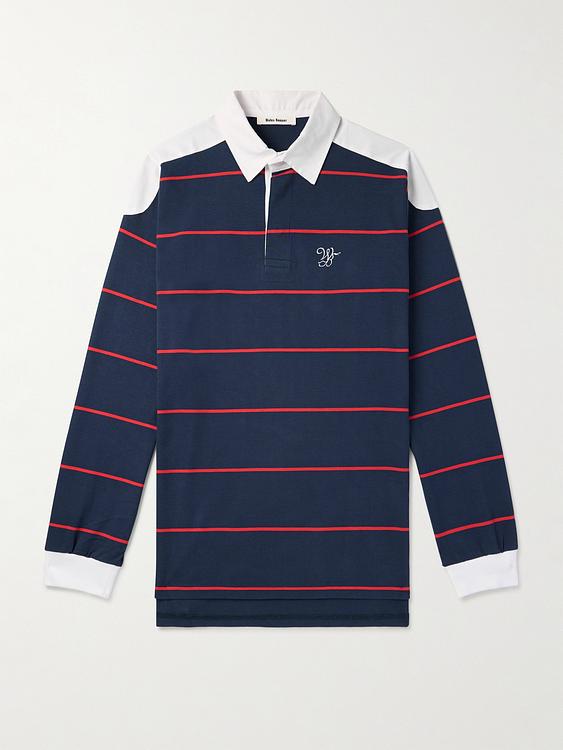 Striped dark blue long sleeve polo shirt from Wales Bonner